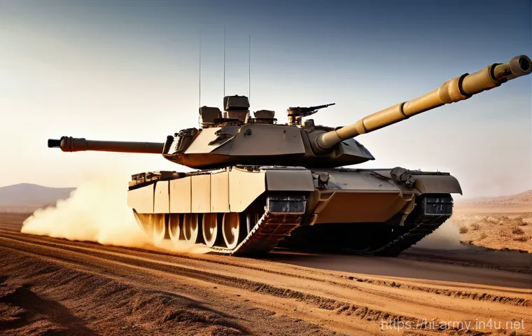 육군 주요 무기체계 비교 - **A Modern Main Battle Tank on the Move:**
A low-angle, dynamic shot of a powerful, modern main ...