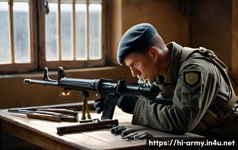 육군 K2 소총 분해 및 조립 - **Prompt 1: Soldier Inspecting K2 Rifle**
    "A highly detailed, realistic image of a male soldier,...