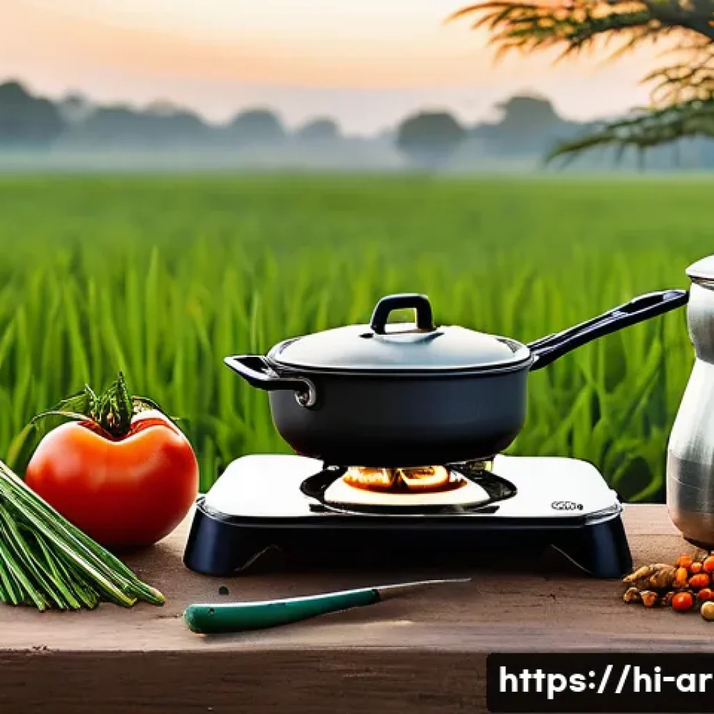육군 야전 취사법 - A detailed outdoor cooking scene in an Indian field setting, showing a portable gas stove and multi-...