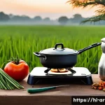 육군 야전 취사법 - A detailed outdoor cooking scene in an Indian field setting, showing a portable gas stove and multi-...