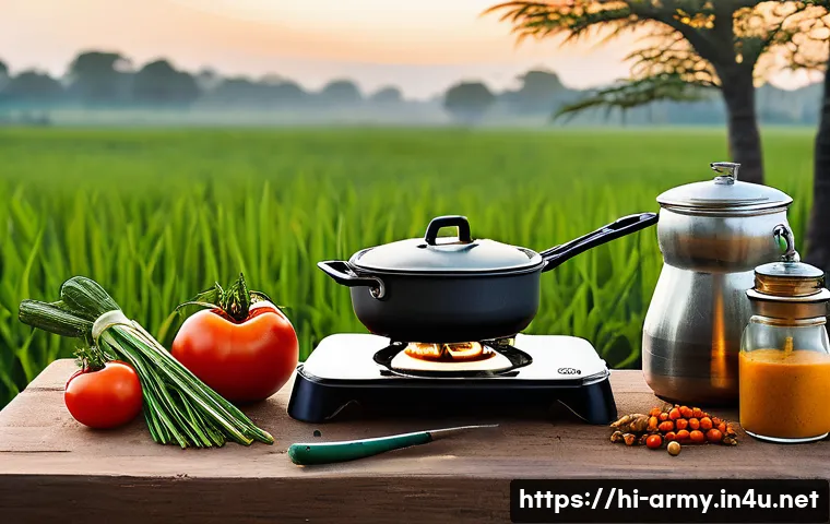 육군 야전 취사법 - A detailed outdoor cooking scene in an Indian field setting, showing a portable gas stove and multi-...