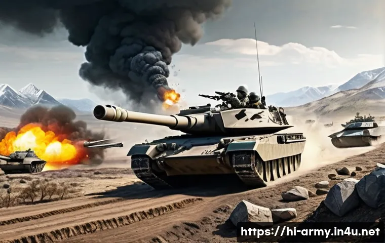 육군 전쟁 시뮬레이션 게임과 실제 비교 - A detailed digital battlefield simulation scene showcasing modern military strategy elements: armore...