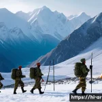 육군 GOP 근무 실태 - A detailed scene of Indian soldiers stationed at a remote mountainous border outpost (GOP) in winter...
