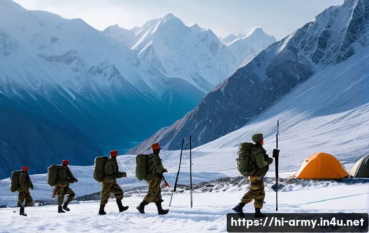 육군 GOP 근무 실태 - A detailed scene of Indian soldiers stationed at a remote mountainous border outpost (GOP) in winter...