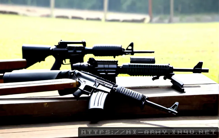 육군 개인화기 종류 및 특징 - Photorealistic military equipment display in a clean outdoor training range, three distinct modern i...