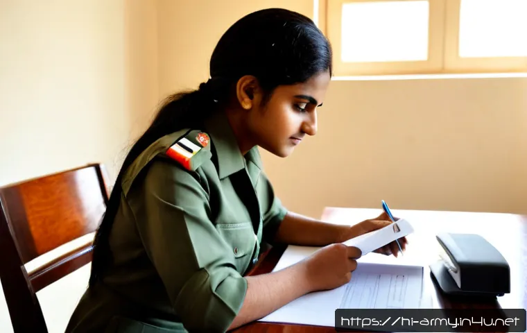 육군 여군 지원 절차 - Photorealistic Indian young adult woman preparing to apply for military service, seated at a clean h...